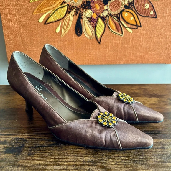 Pierre Michel| Brown Satin  Kitten Heel Topaz Jewelled Party Heel Size 7 - Picture 5 of 8